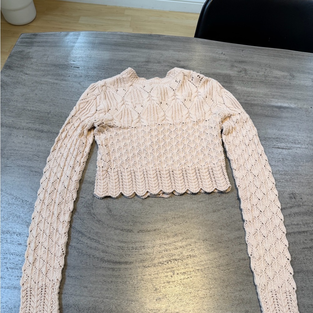 House of Harlow 1960 Cropped Cardigan XS Tan Boho Scallop Knit Y2K - Picture 5 of 12